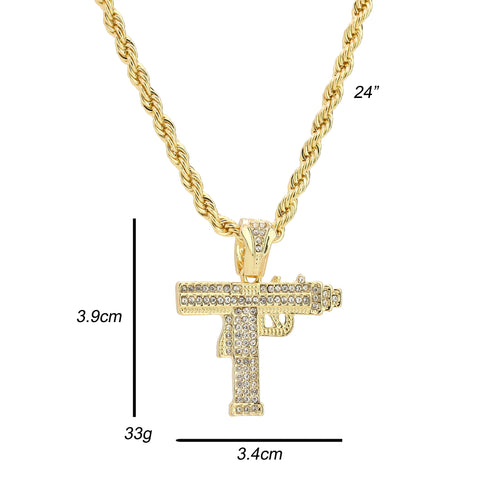 Cz Uzi Gun Pendant 24" Rope Chain Men's Hip Hop Style 18k Jewelry Necklace