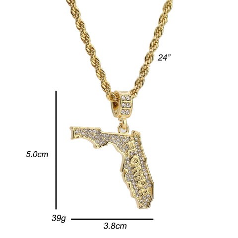 Cz Florida Pendant 24" Rope Chain Men's Hip Hop Style 18k Jewelry Necklace