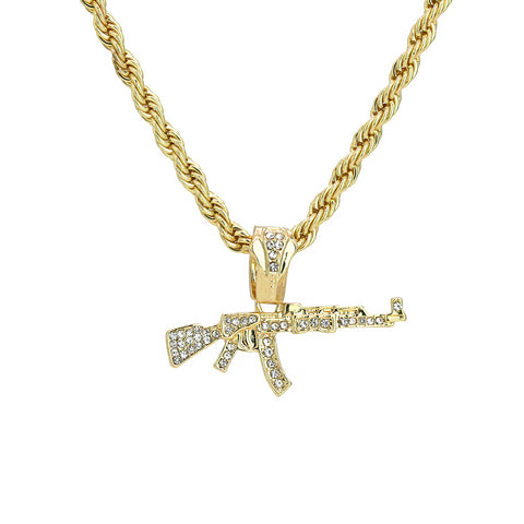 Ak-47 Gun Pendant 24" Rope Chain Men's 18k Gold Plated Jewelry