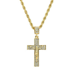 Jesus 3 Row Cross Pendant 24" Rope Chain Men's 18k Gold Plated Jewelry