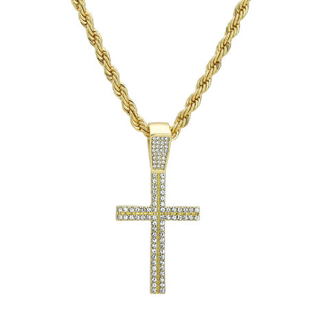 Slim Cross Two Row Pendant 24" Rope Chain Men's 18k Gold Plated Jewelry