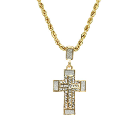 Stardust Stample Cross Pendant 24" Rope Chain Men's 18k Gold Plated Jewelry