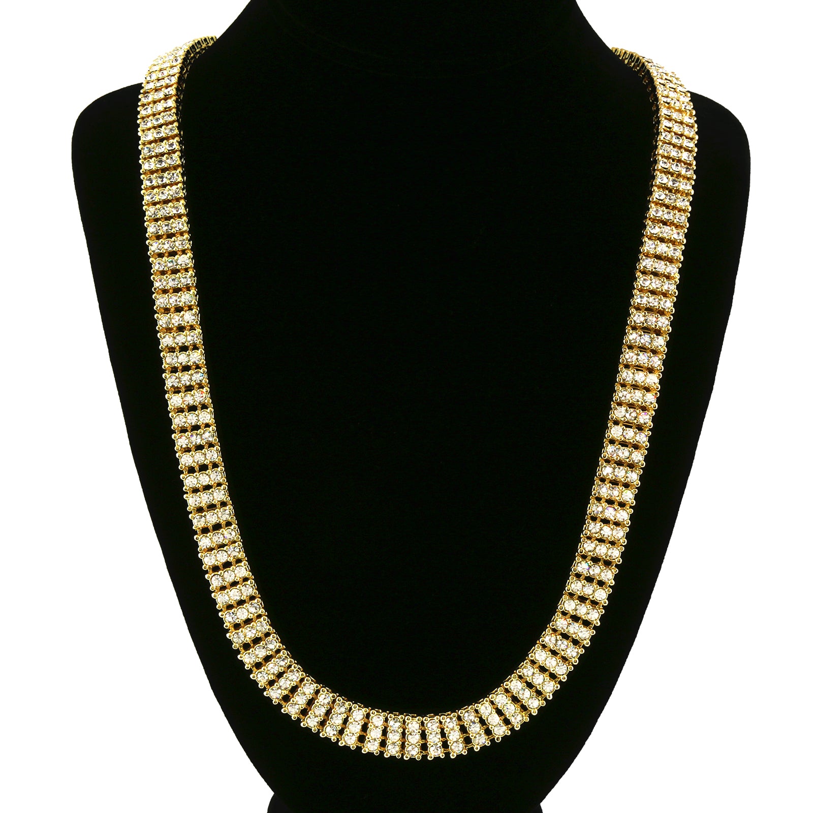 3 ROW ICED-OUT TENNIS GOLD/CLEAR CHAIN 30"