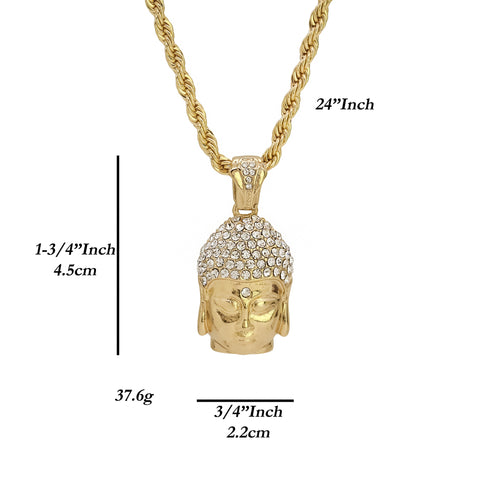 Buddha Face Pendant 24" Rope Chain Men's 18k Gold Plated Jewelry