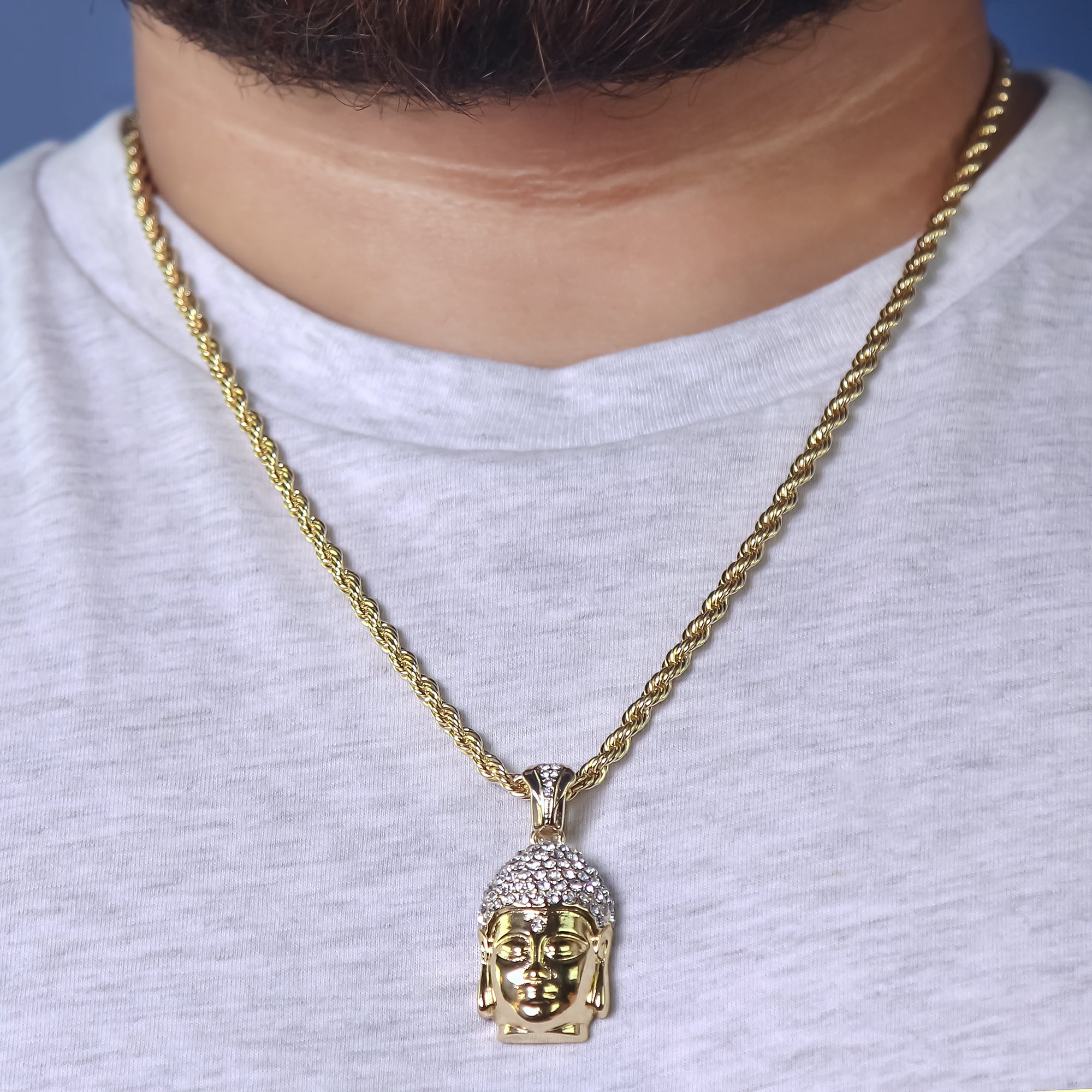 Buddha Face Pendant 24" Rope Chain Men's 18k Gold Plated Jewelry