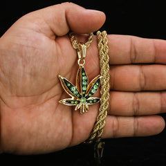 Green Marijuana Pendant 24" Rope Chain Hip Hop 18k Jewelry Necklace