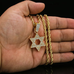 Star Of David Charm Pendant 24" Rope Chain Hip Hop 18k Jewelry Necklace