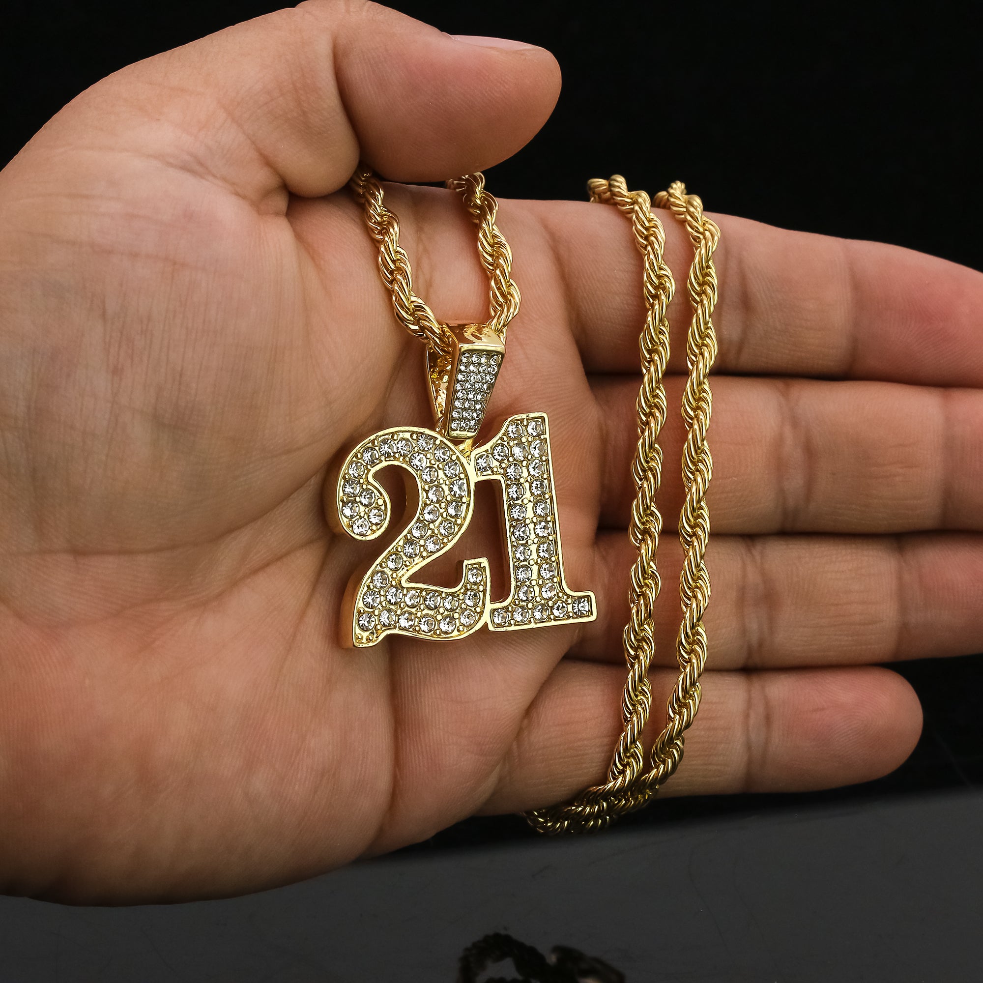 21 Pendant 24" Rope Chain Men's 18k Gold Plated Jewelry