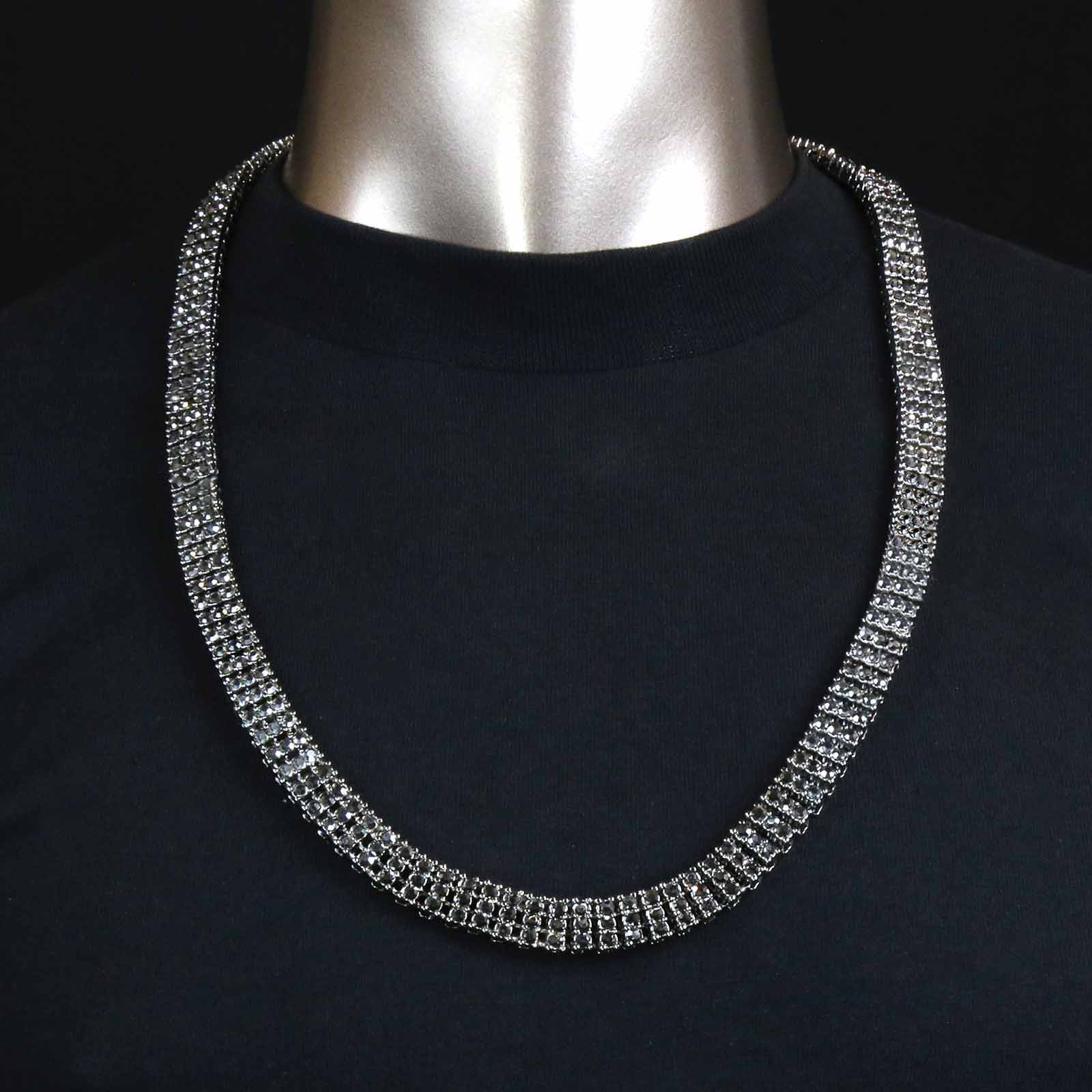 3 ROW ICED-OUT TENNIS HEMATITE CHAIN 30"