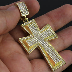 Hip Hop Iced Lab Diamond 18k Gold Plated Double 3D Cross Charm Pendant