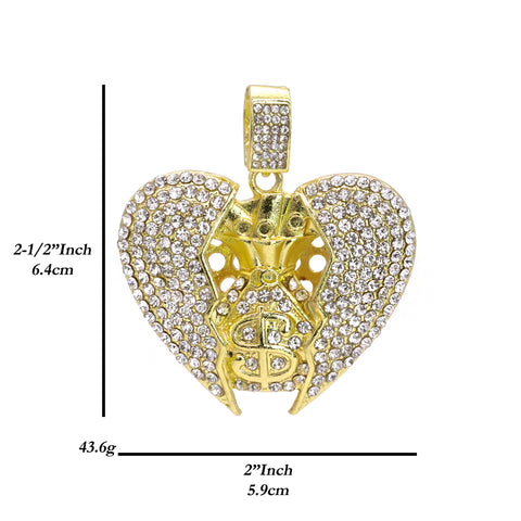 Hip Hop Iced Lab Diamond 18k Gold Plated Broken Heart Money Bag Charm Pendant