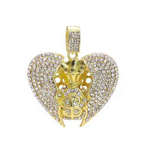 Hip Hop Iced Lab Diamond 18k Gold Plated Broken Heart Money Bag Charm Pendant