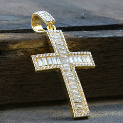 Hip Hop Iced Lab Diamond 18k Gold Plated Thick Baguette cross Charm Pendant