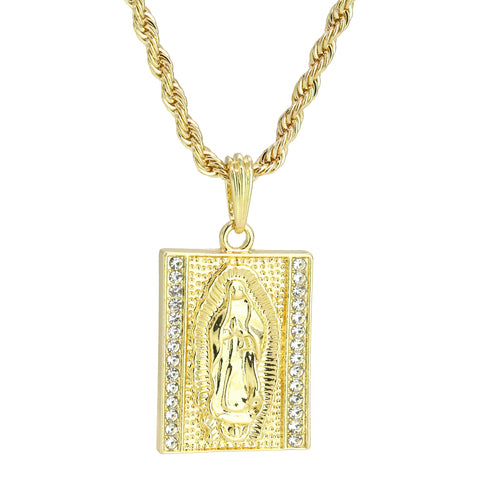 Block Virgin Mary Pendant 24" Rope Chain Men's 18k Gold Plated Jewelry