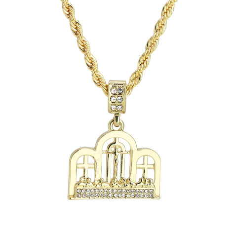 Last Supper Temple Pendant 24" Rope Chain Men's 18k Gold Plated Jewelry