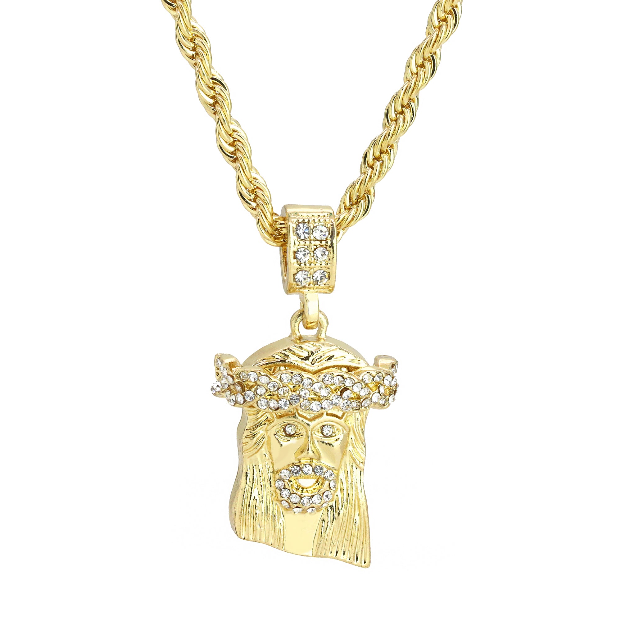 Micro Jesus Pendant 24" Rope Chain Men's 18k Gold Plated Jewelry
