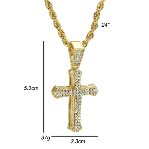 Sharp Two Cross Pendant 24" Rope Chain Hip Hop 18k Cz Jewelry Necklace