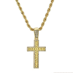Cz Nugget Cross Pendant 24" Rope Chain Hip Hop 18k Cz Jewelry Necklace