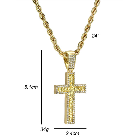 Cz Nugget Cross Pendant 24" Rope Chain Hip Hop 18k Cz Jewelry Necklace