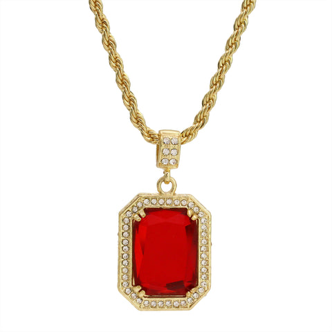 Cz Red Ruby Pendant 24" Rope Chain Hip Hop 18k Cz Jewelry Necklace