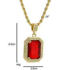 Cz Red Ruby Pendant 24" Rope Chain Hip Hop 18k Cz Jewelry Necklace