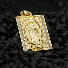 Block Virgin Mary Pendant 24" Rope Chain Men's 18k Gold Plated Jewelry