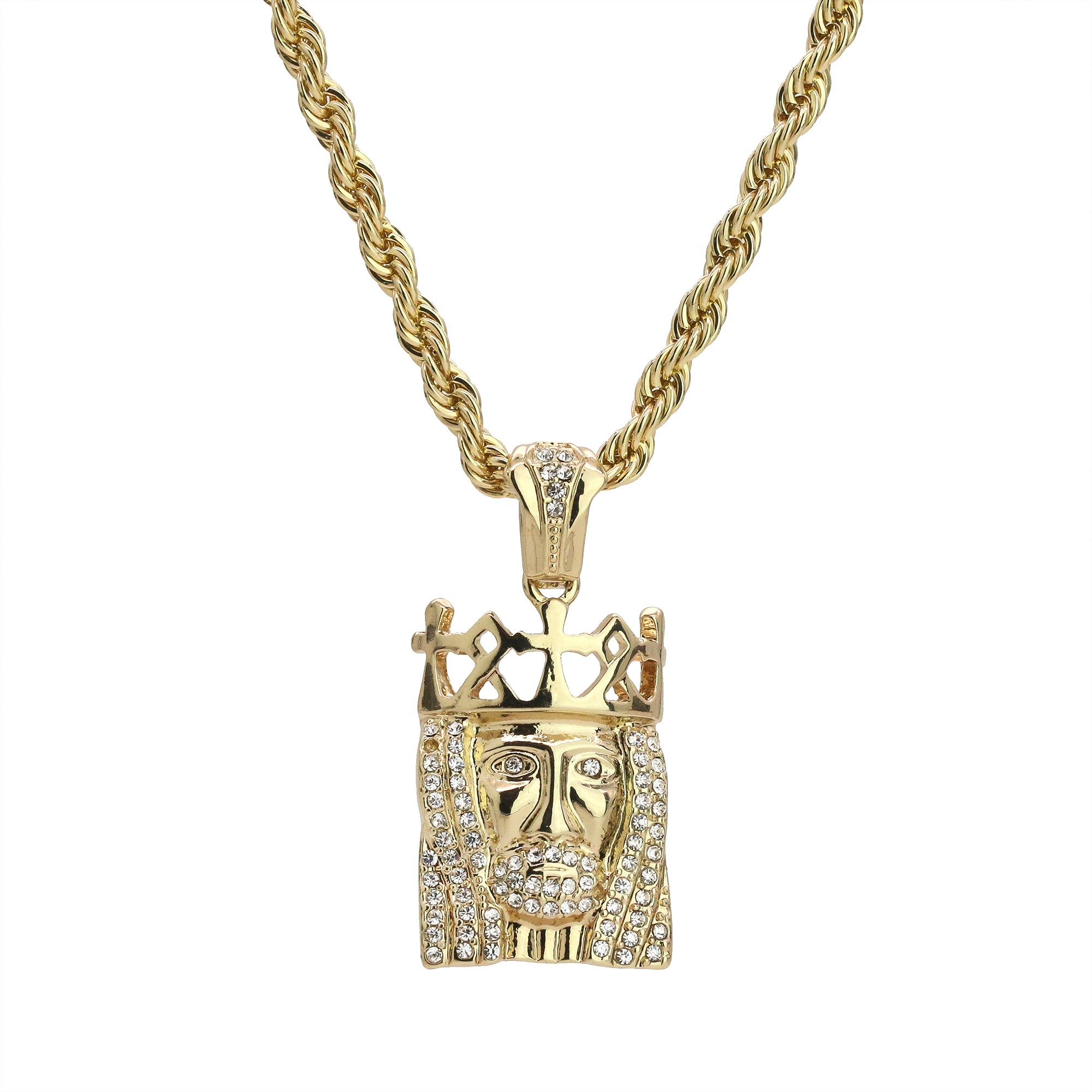 Mini Royal Crown Jesus Pendant 24" Rope Chain Hip Hop 18k Cz Jewelry Necklace