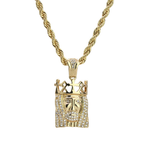 Mini Royal Crown Jesus Pendant 24" Rope Chain Hip Hop 18k Cz Jewelry Necklace