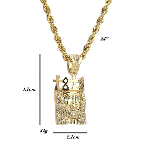 Mini Royal Crown Jesus Pendant 24" Rope Chain Hip Hop 18k Cz Jewelry Necklace