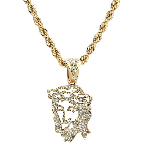 Hollow Jesus Face Pendant 24" Rope Chain Hip Hop 18k Cz Jewelry Necklace