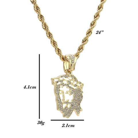 Hollow Jesus Face Pendant 24" Rope Chain Hip Hop 18k Cz Jewelry Necklace