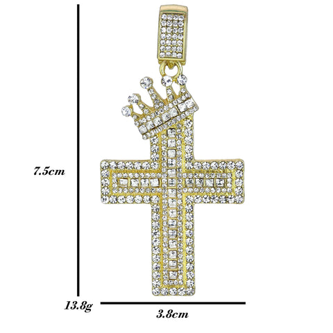 Hip Hop Iced Lab Diamond 18k Gold Plated Baguette Two Cross Crown Charm Pendant