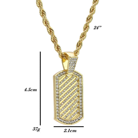 Cz Lined Dog Tag Pendant 24" Rope Chain Hip Hop 18k Cz Jewelry Necklace