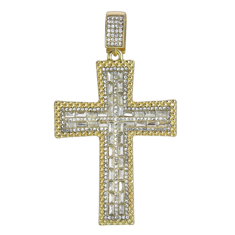 Hip Hop Iced Lab Diamond 18k Gold Plated Flat Baguette Cross Charm Pendant