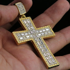 Hip Hop Iced Lab Diamond 18k Gold Plated Flat Baguette Cross Charm Pendant