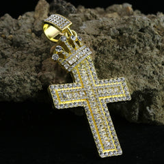 Hip Hop Iced Lab Diamond 18k Gold Plated Baguette Two Cross Crown Charm Pendant