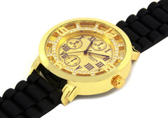 Gold Iced Out TK Black Silicone Band Watch