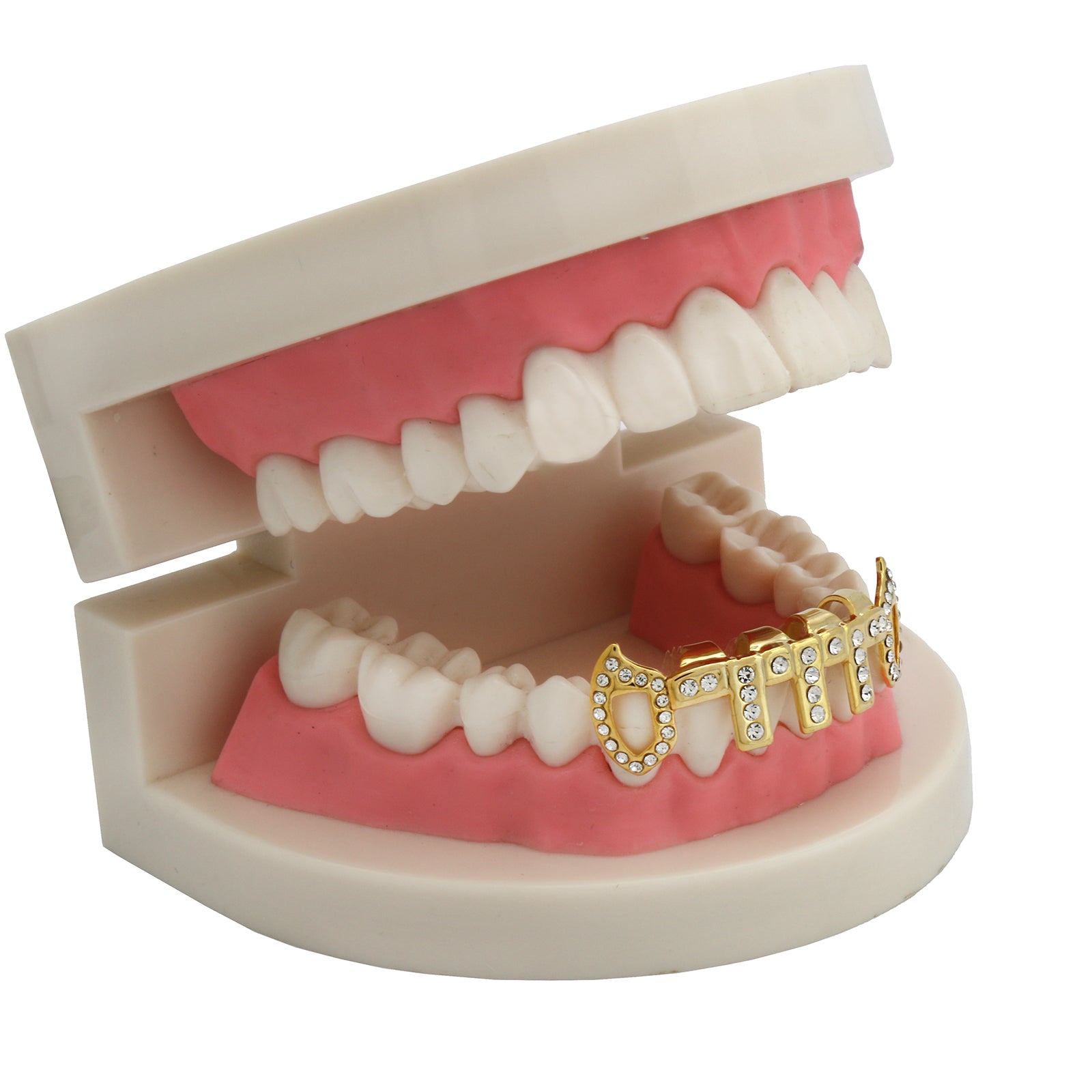 GOLD BOTTOM GRILLZ VERTICAL BARS ICE OUT FANG