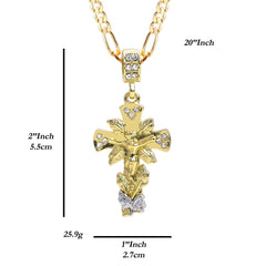 Jesus Leaf Cross Iced Pendant 20" Figaro Chain Hip Hop Style 18k Gold Plated