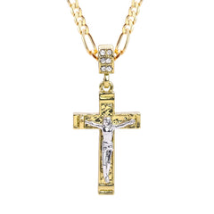 Copy of Jesus Nugget Cross Two Tone Iced Pendant 20" Figaro Chain Hip Hop Style 18k Gold Plated