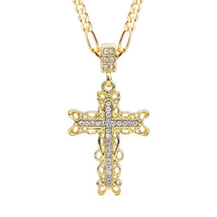 Curve Cross Iced Pendant 20" Figaro Chain Hip Hop Style 18k Gold Plated