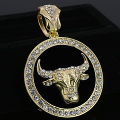 Large Round Black Bull Pendant Iced Cuban Cz Chain Mens Hip Hop Jewelry 18-24"