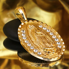 Iced Plain Hook Oval Guadalupe Pendant 24" Figaro Chain Hip Hop Style 18k Gold Plated