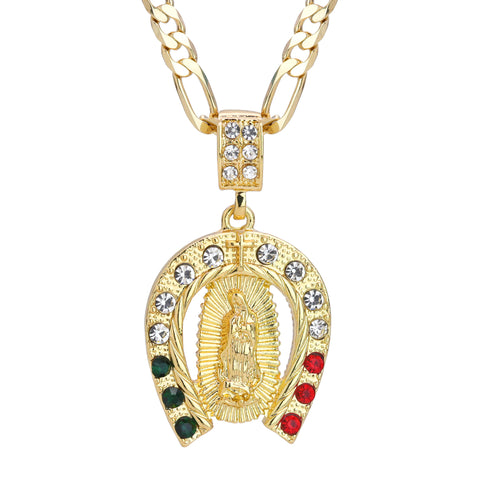 Iced Guadalupe Horse Shoe Mexican Color Pendant 24" Figaro Chain Hip Hop Style 18k Gold Plated