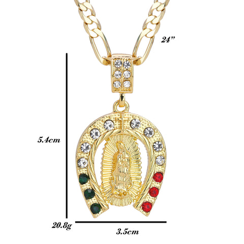 Iced Guadalupe Horse Shoe Mexican Color Pendant 24" Figaro Chain Hip Hop Style 18k Gold Plated