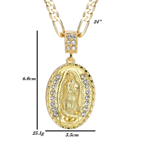 Iced Oval Guadalupe Pendant 24" Figaro Chain Hip Hop Style 18k Gold Plated
