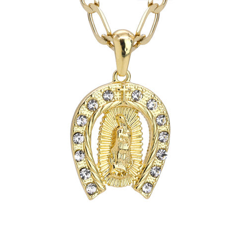 Iced Guadalupe Horse Shoe Pendant 24" Figaro Chain Hip Hop Style 18k Gold Plated