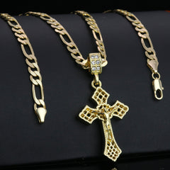 Sharp Plain Jesus Cross Pendant 24" Figaro Chain Hip Hop Style 18k Gold Plated