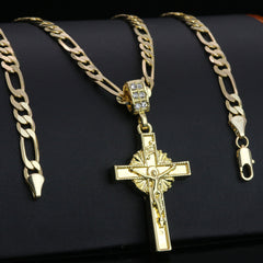 Plain Holy Jesus Cross Pendant 24" Figaro Chain Hip Hop Style 18k Gold Plated
