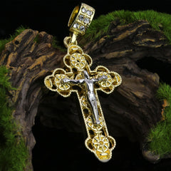 Iced Jesus Clover Cross Pendant 24" Figaro Chain Hip Hop Style 18k Gold Plated